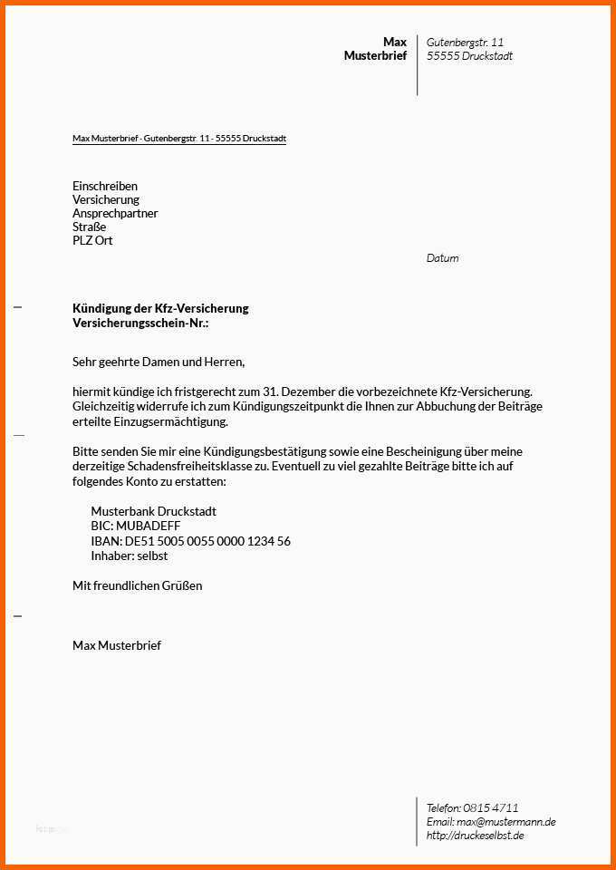 Fantastisch Kündigung Kfz Versicherung Vorlage Kostenlos Großartig