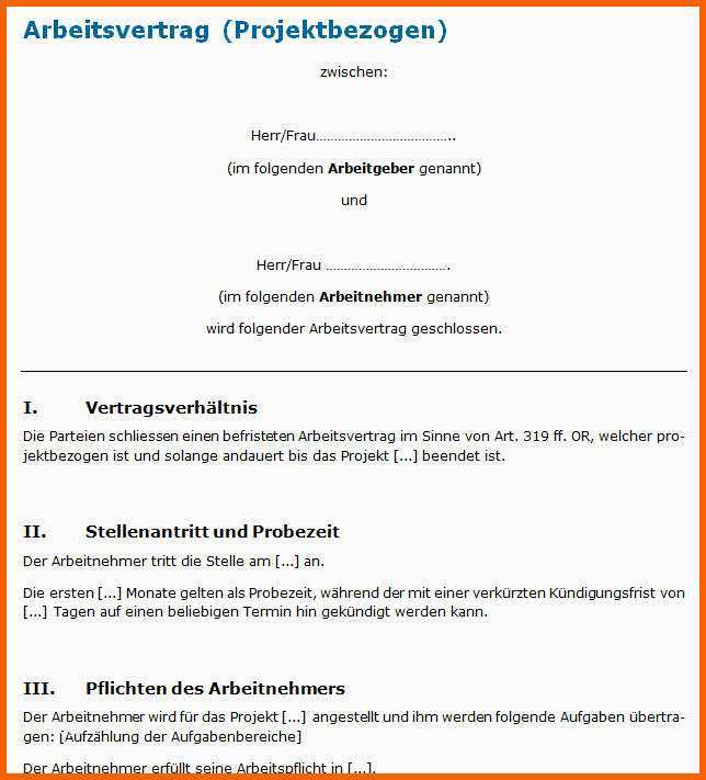 Fantastisch Muster Arbeitsvertrag Projektarbeit