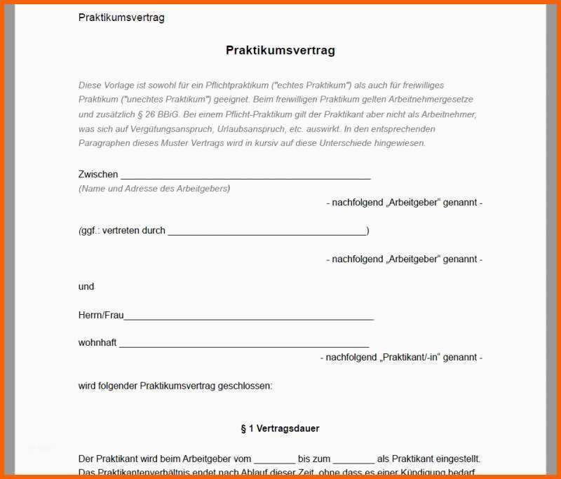 Fantastisch Praktikumsvertrag Vorlage Download