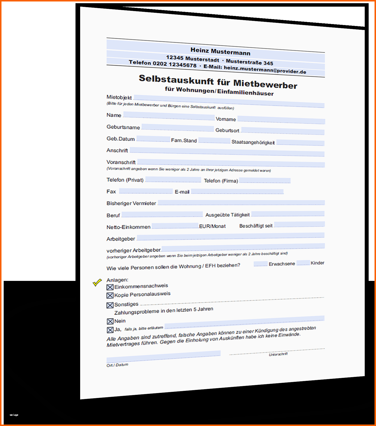 Fantastisch Selbstauskunft Mieter Muster Zum Download