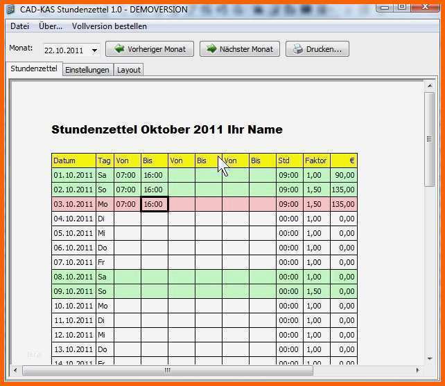 Fantastisch Stundenzettel Excel Vorlage Kostenlos Elegant