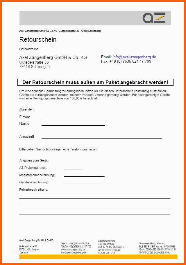 Faszinieren 11 Vorlage Retourenschein