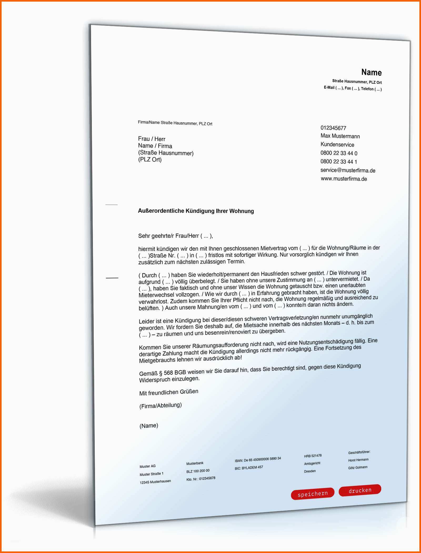 Faszinieren Fristlose Kündigung Durch Vermieter Muster Zum Download