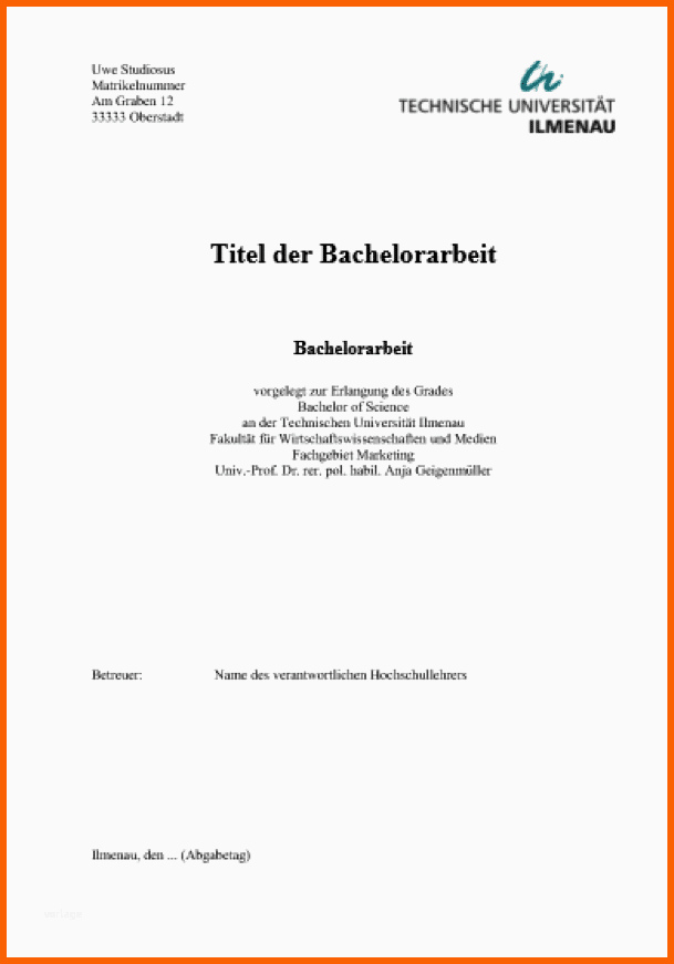 Großartig Deckblatt Der Technischen Universität Ilmenau Lektorat