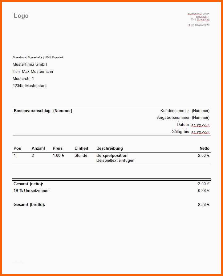 Großartig Kostenvoranschlag Muster › Angebot Vorlage