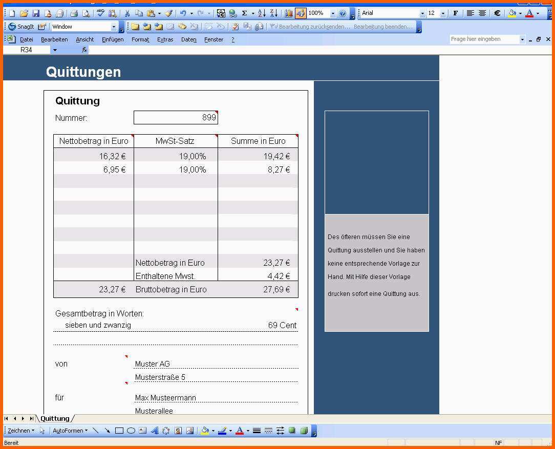 Großartig Quittung In Excel