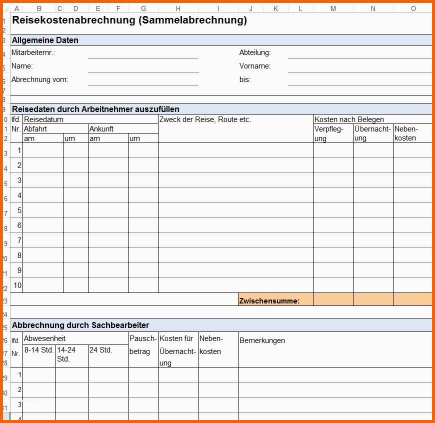 Vorlage Formular fuer Dienstreiseantrag Reisekostenabrechnung und Privatzung PKW fuer Arbeitnehmer