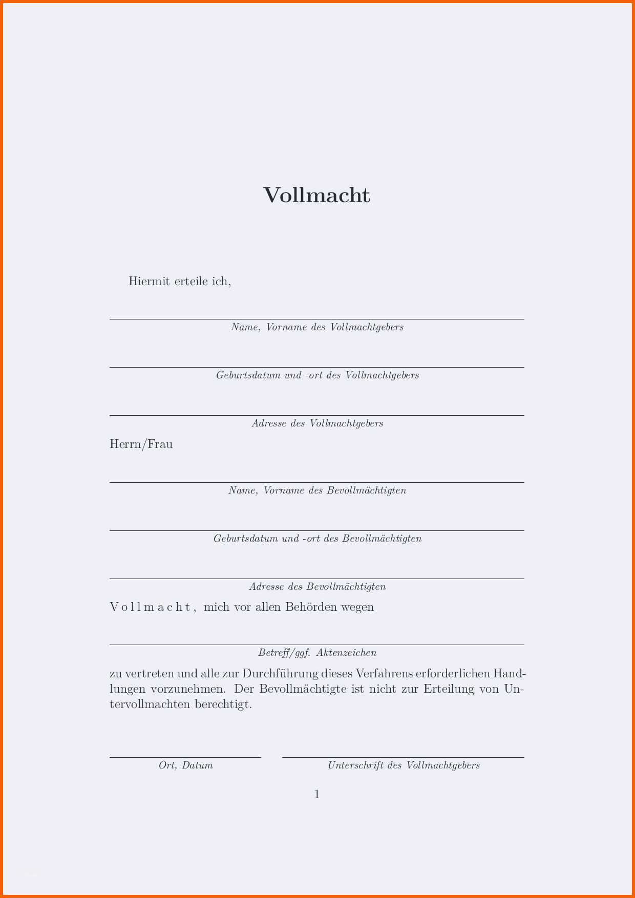 Großartig Vorlage Vollmacht
