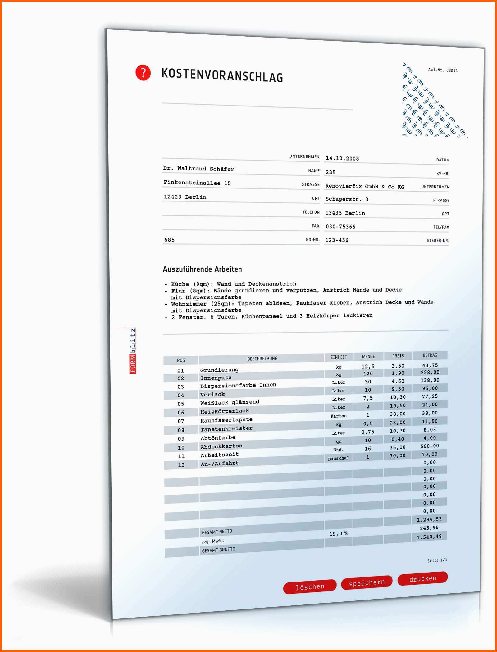 Größte Kostenvoranschlag Angebot Malerbetrieb Vorlagen Zum Download