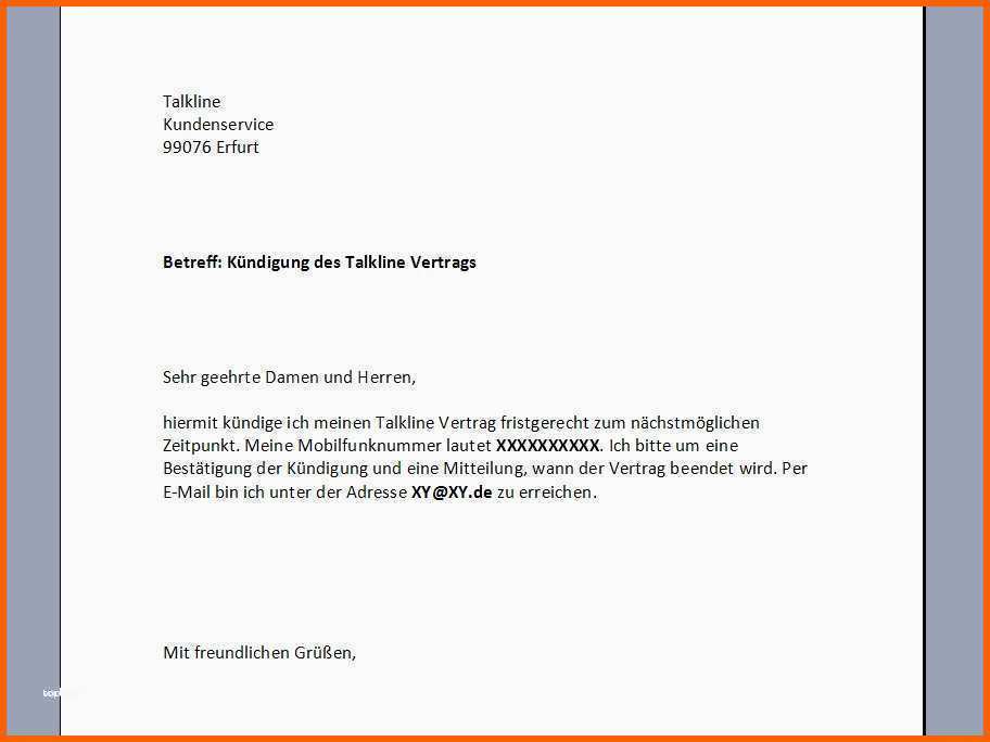Hervorragen 1&1 Kündigung Vorlage Fabelhafte Talkline Kündigung
