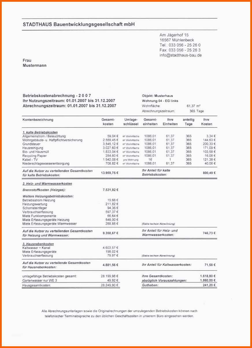 Hervorragen Besten Der Nebenkostenabrechnung Muster Kostenlos