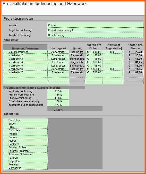 Hervorragen Excel Vorlage Preiskalkulation Für Industrie Und Handwerk