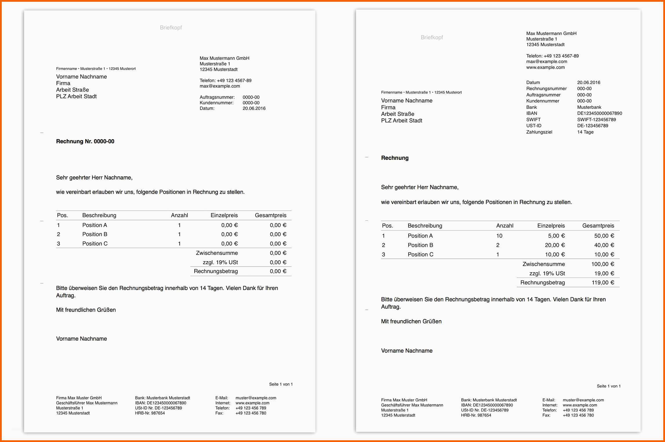 Hervorragen Pages Vorlage Rechnung