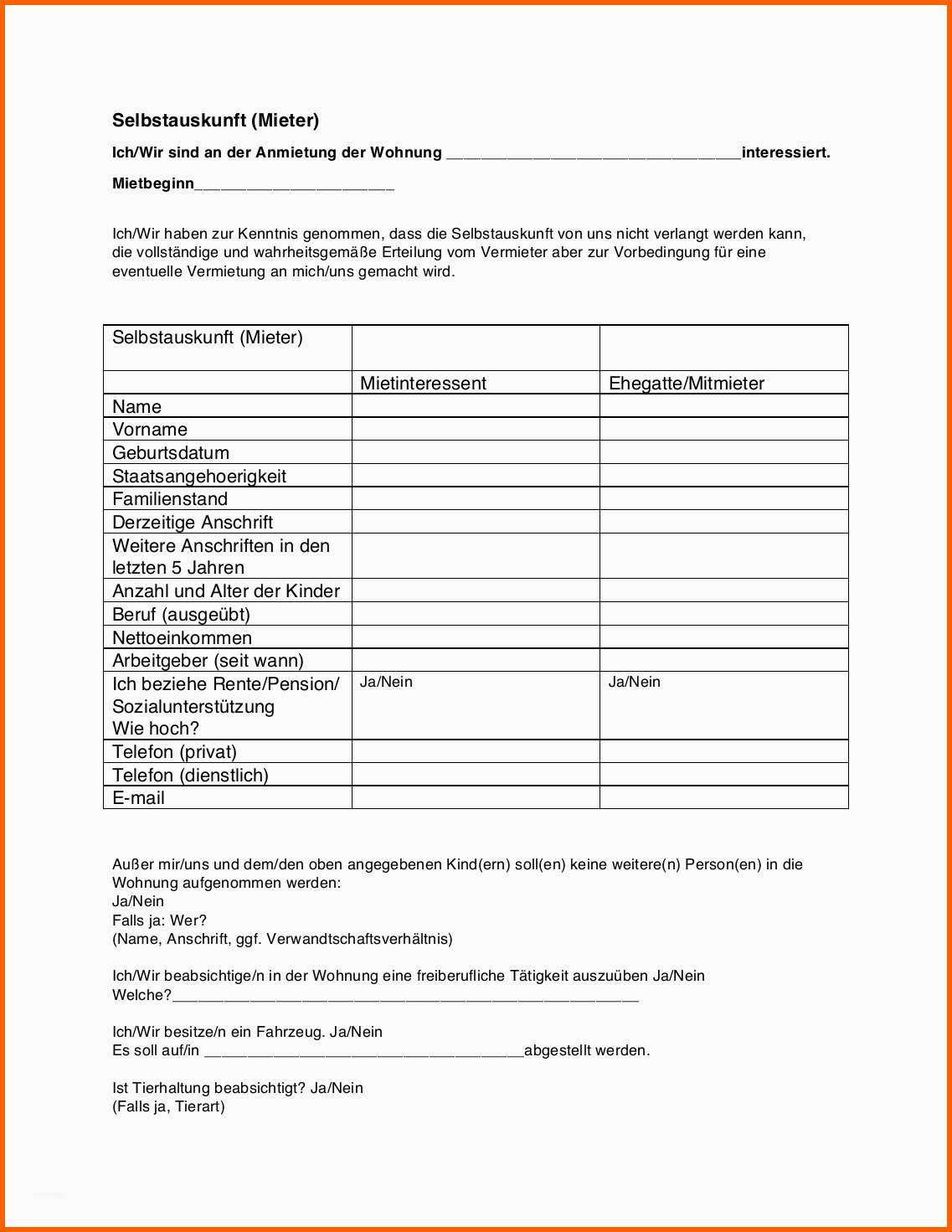 Hervorragen Selbstauskunft Mieter Vorlage Word – Kebut