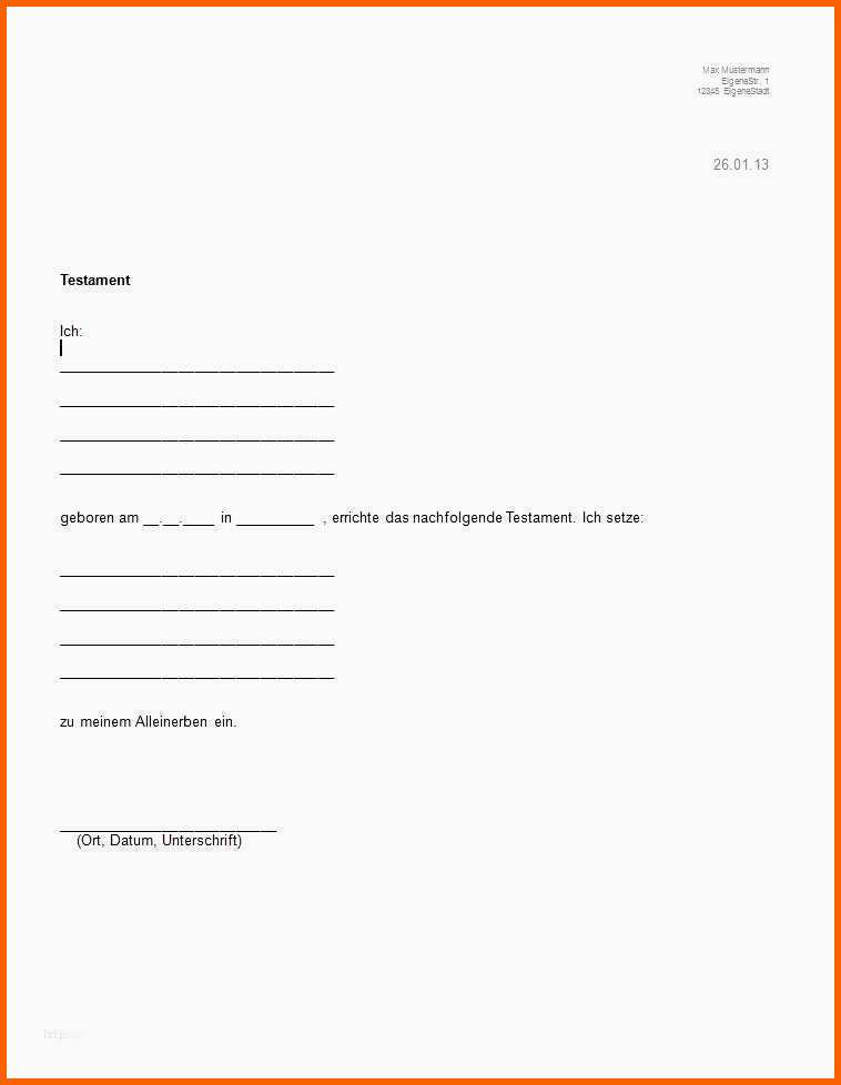 Hervorragen Testament Vorlage Alleinerbe Cool Testament Schreiben