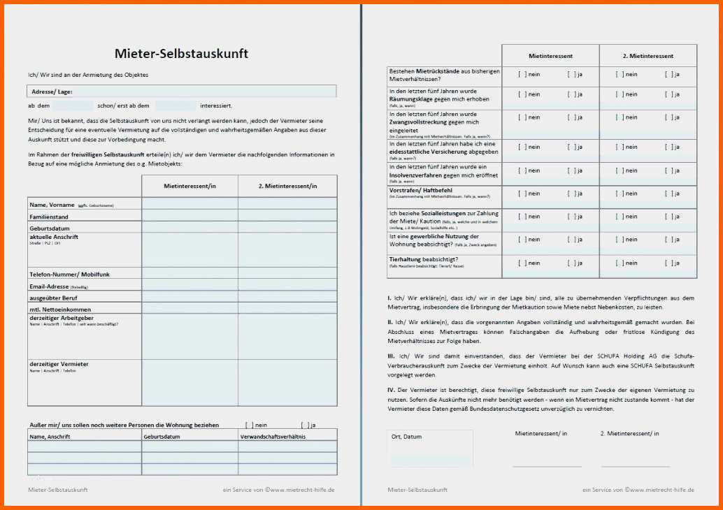 Hervorragen Vorlage Mieterselbstauskunft Erstaunlich Selbstauskunft