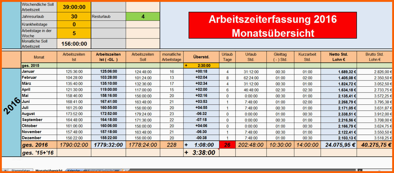 Hervorragend Arbeitszeiterfassung 2016 Excel Vorlagen Shop