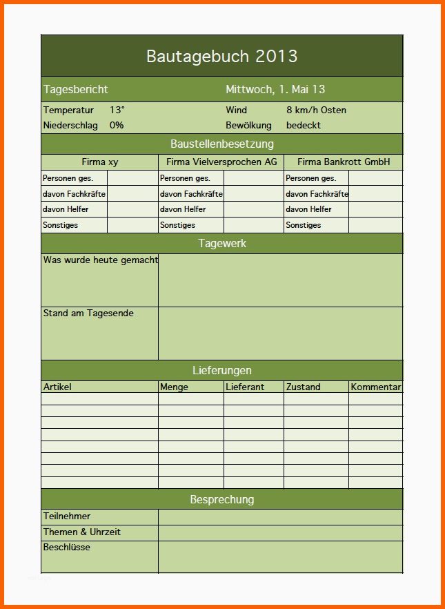 Hervorragend Excel Vorlage Für Ein Bautagebuch