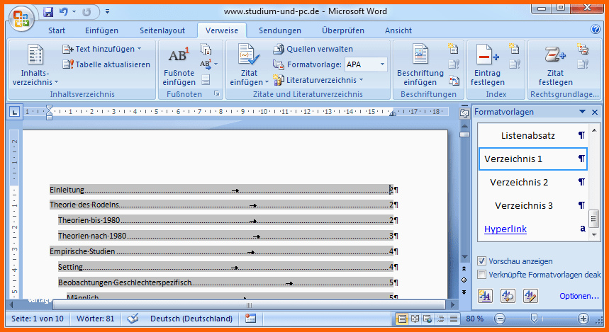Hervorragend Inhaltsverzeichnis Word 2010 Vorlage – Kebut