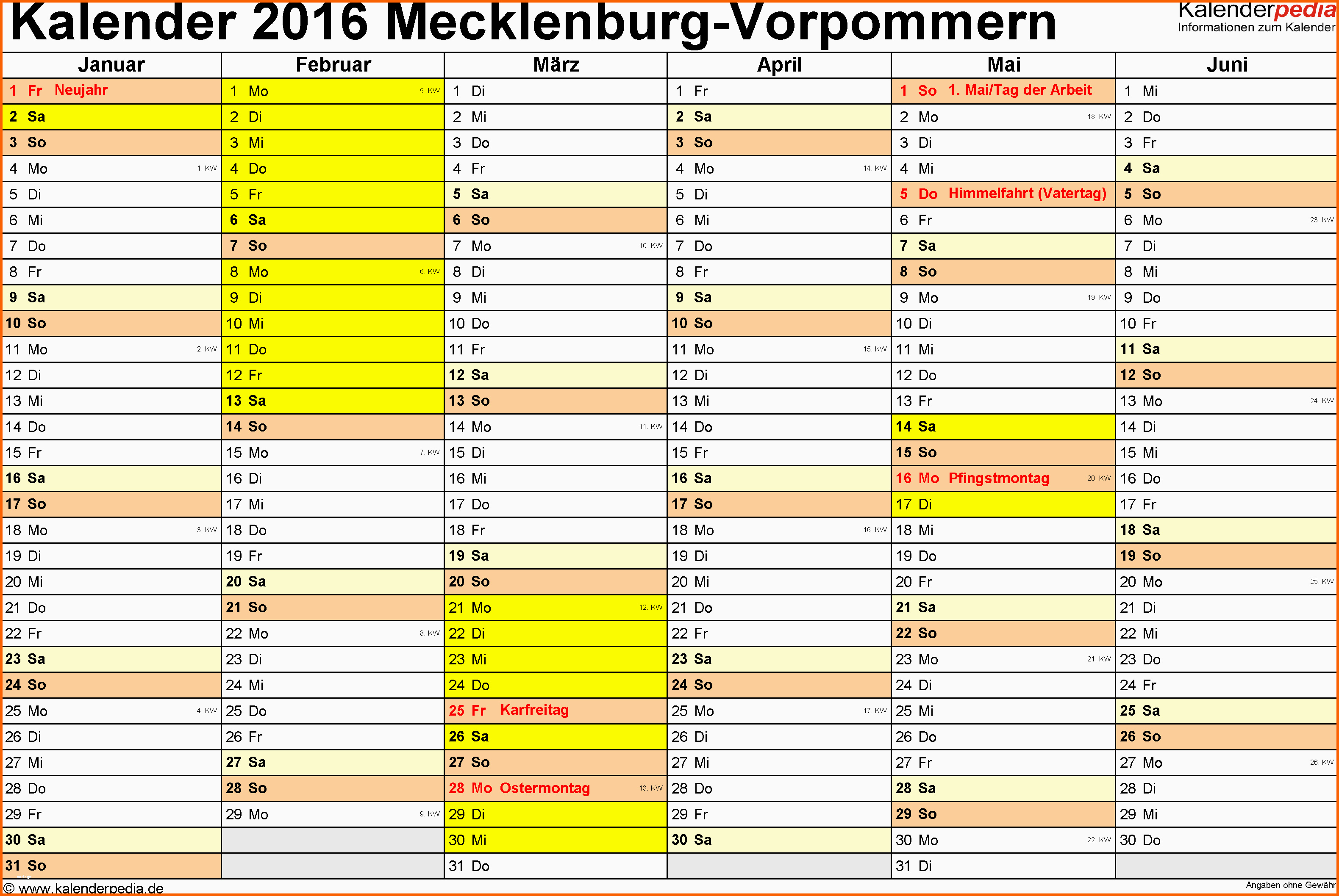 Hervorragend Kalender 2016 Mecklenburg Vorpommern Ferien Feiertage