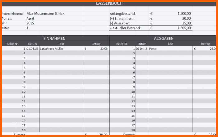 Hervorragend Kassenbuch Vorlage Excel