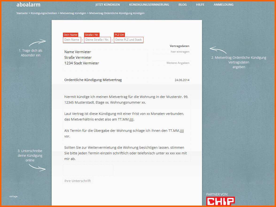 Hervorragend Kündigung Mietvertrag Vorlage Download Chip