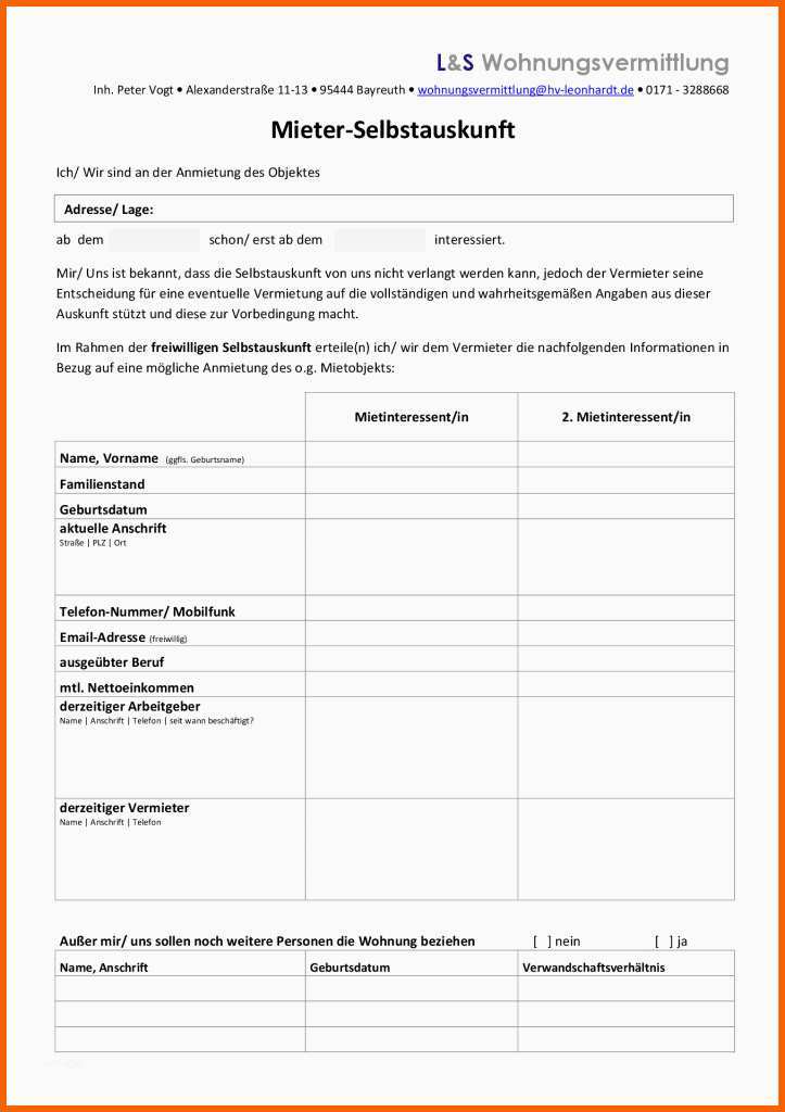 Hervorragend Mieterselbstauskunft – formular Zum Kostenlosen Download