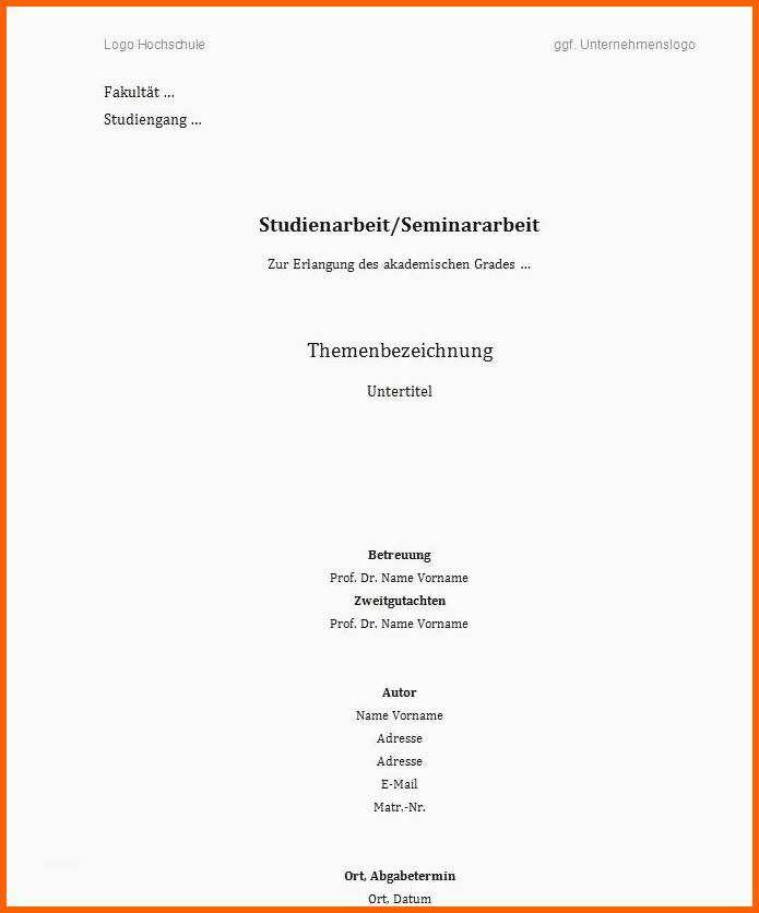 Ideal 21 Deckblatt Vorlage Word Hausarbeit