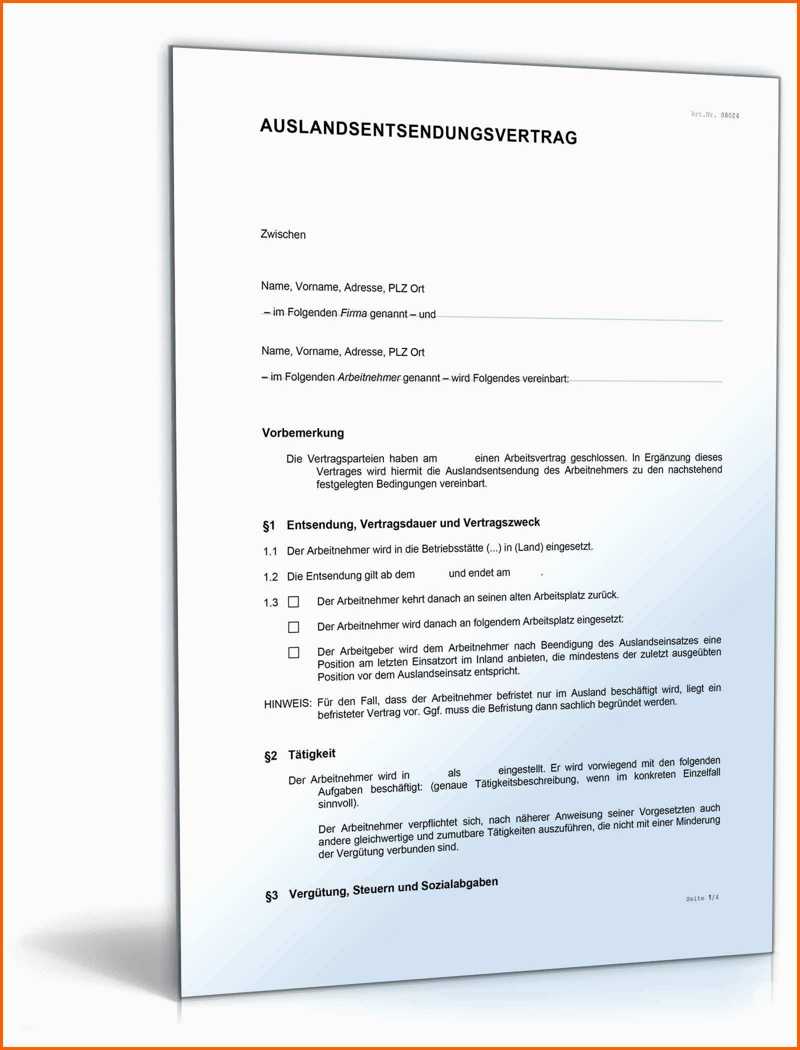 Ideal Arbeitsvertrag Zusatzvereinbarung Auslandsentsendung