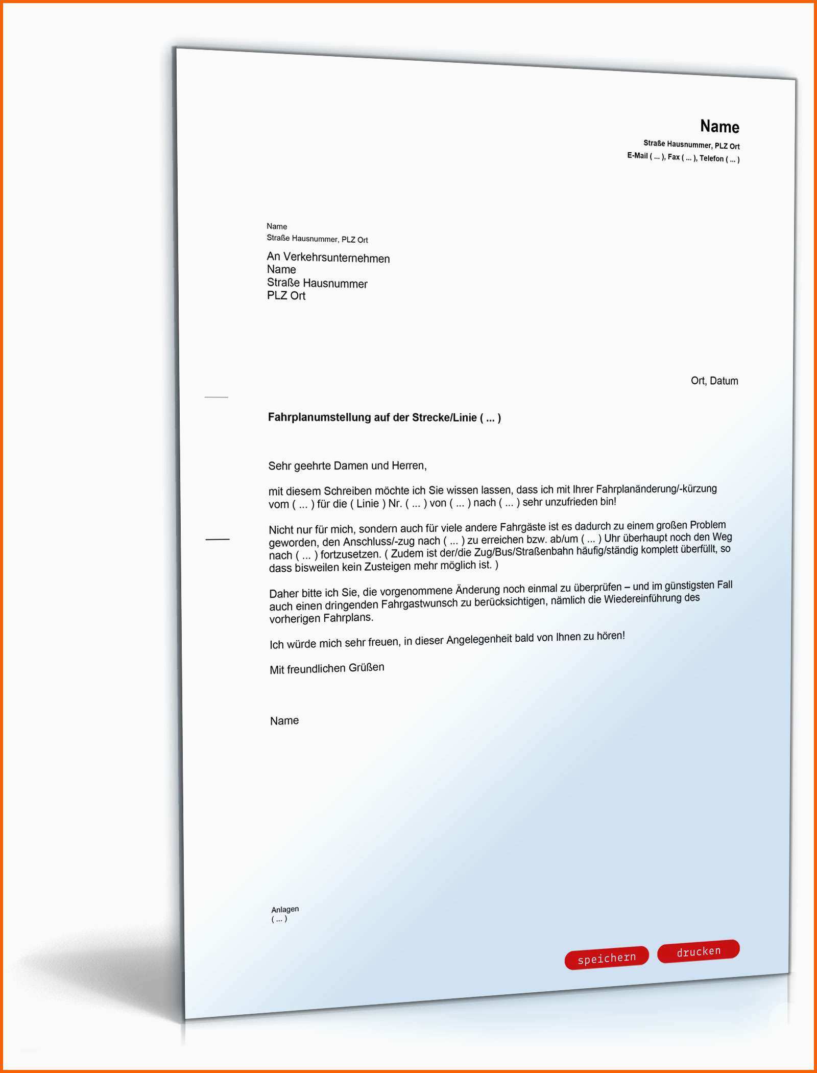 Ideal Beschwerde über Fahrplanänderung Muster Vorlage Zum Download