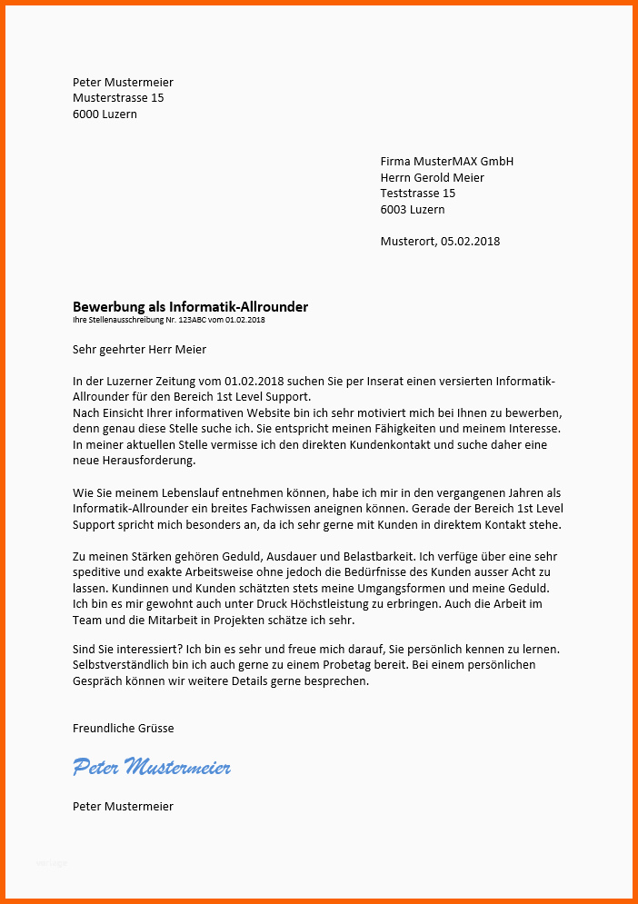 Ideal Bewerbungsschreiben Beispiel Schweiz