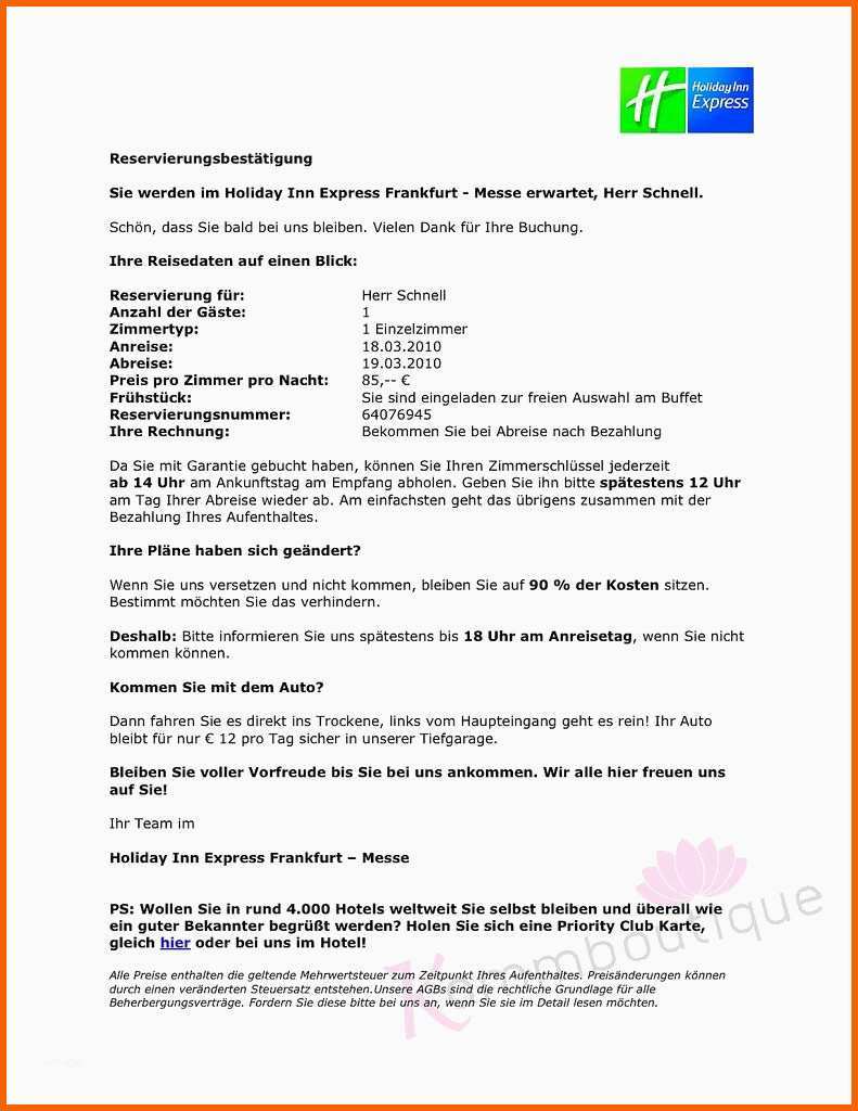 Ideal Stornierungsbestätigung Hotel Vorlage Stornierung Eines