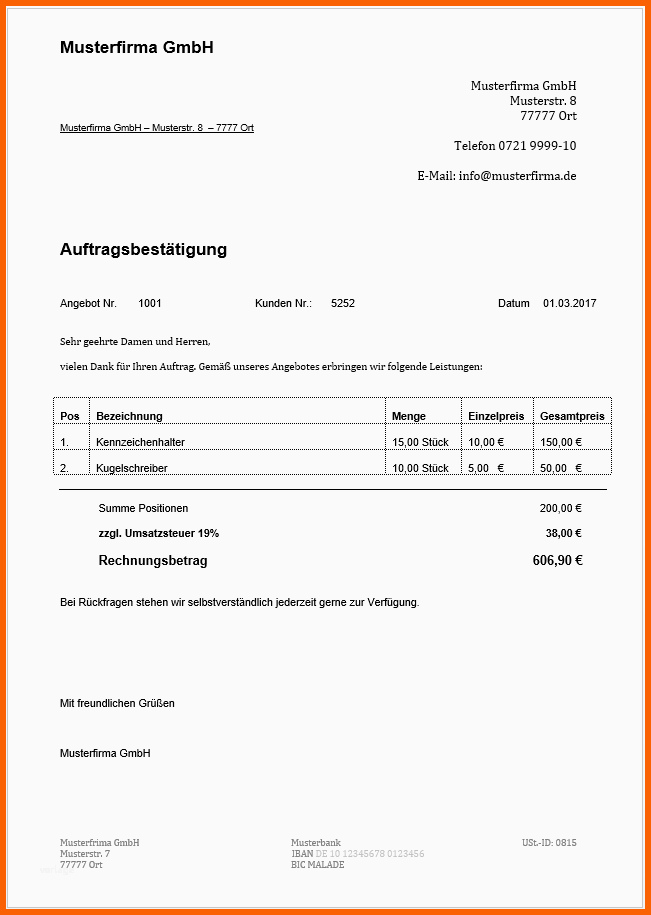 Kreativ 10 Vorlage Auftragsbestätigung