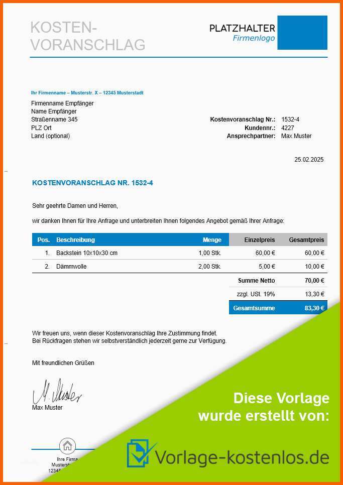 Kreativ 17 Kostenvoranschlag Vorlage Kostenlos