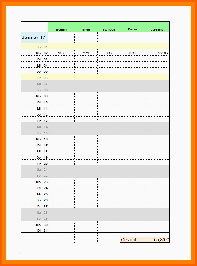 Kreativ Arbeitszeitnachweis Fr Komfortable Erfassung