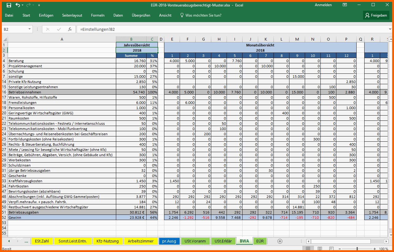 Kreativ Excel Vorlage Einnahmenüberschussrechnung EÜr Pierre