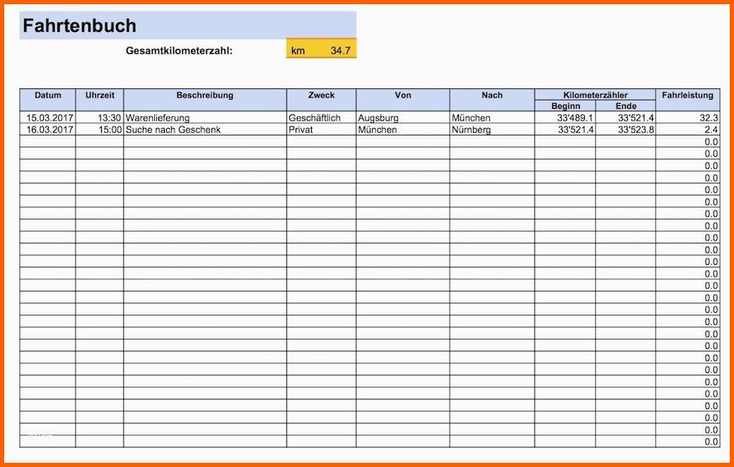 Kreativ Fahrtenbuch Vorlage Excel format