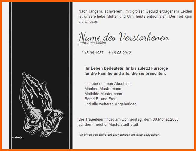 Kreativ Trauerkarte Schreiben Vorlage Erstaunlich todesanzeigen