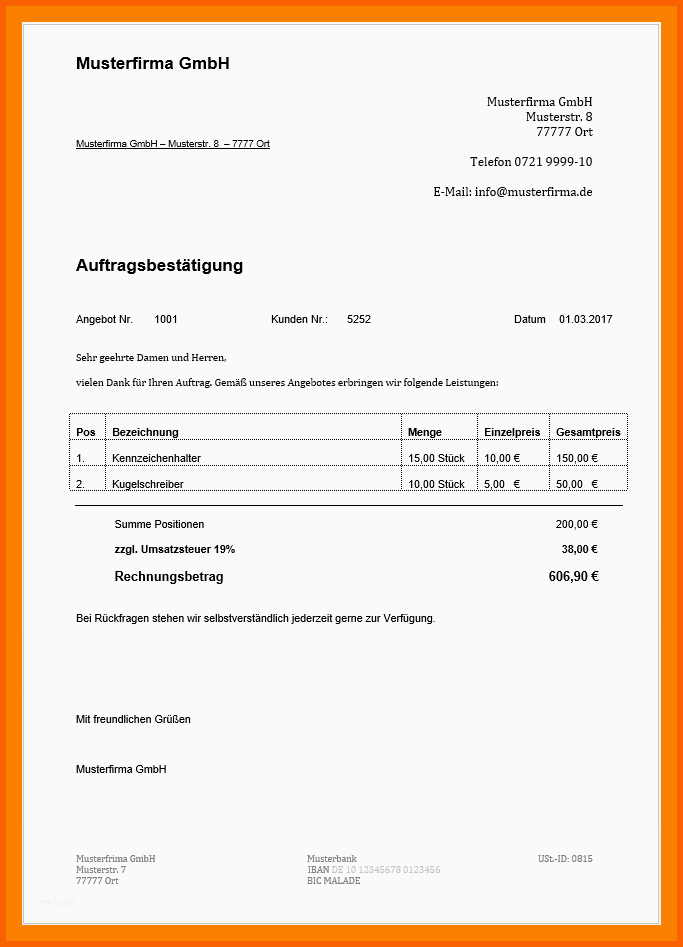 Limitierte Auflage 15 Vorlage Auftragsbestätigung