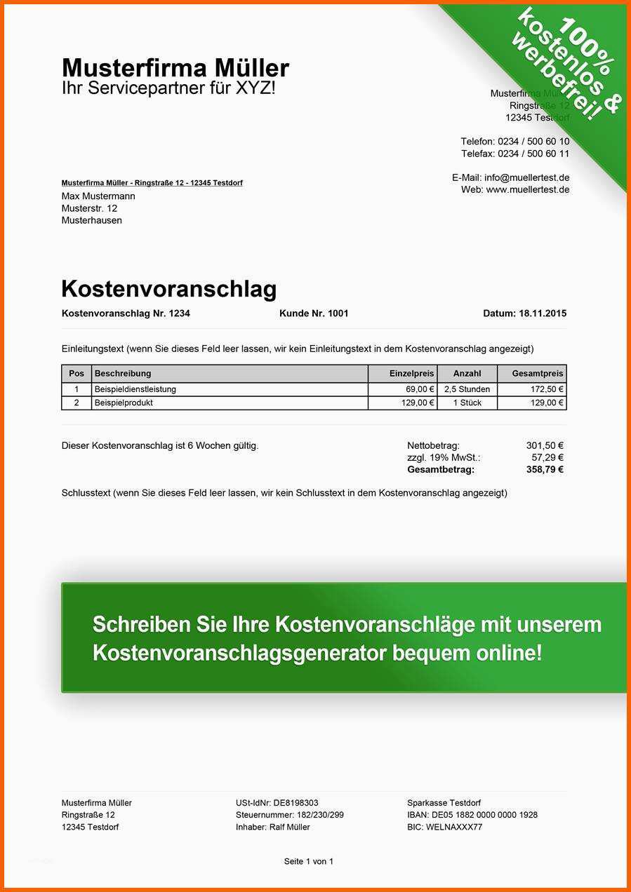 Limitierte Auflage Kostenvoranschlag Vorlagen Kostenlos En