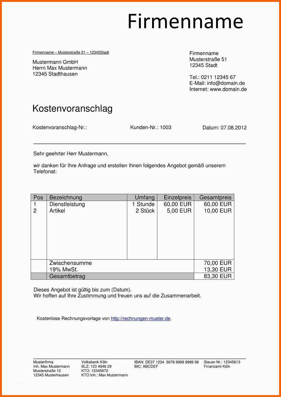 Limitierte Auflage Kostenvoranschlag Vorlagen Kostenlos En