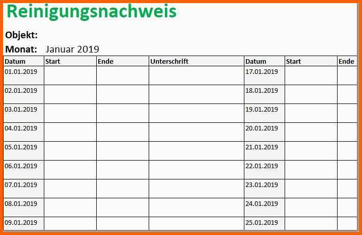 Limitierte Auflage Reinigungsnachweis Reinigungsplan Als Excel Vorlage