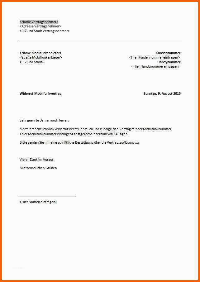 Modisch 47 Wunderbar Handyvertrag Kündigen Vorlage Mit
