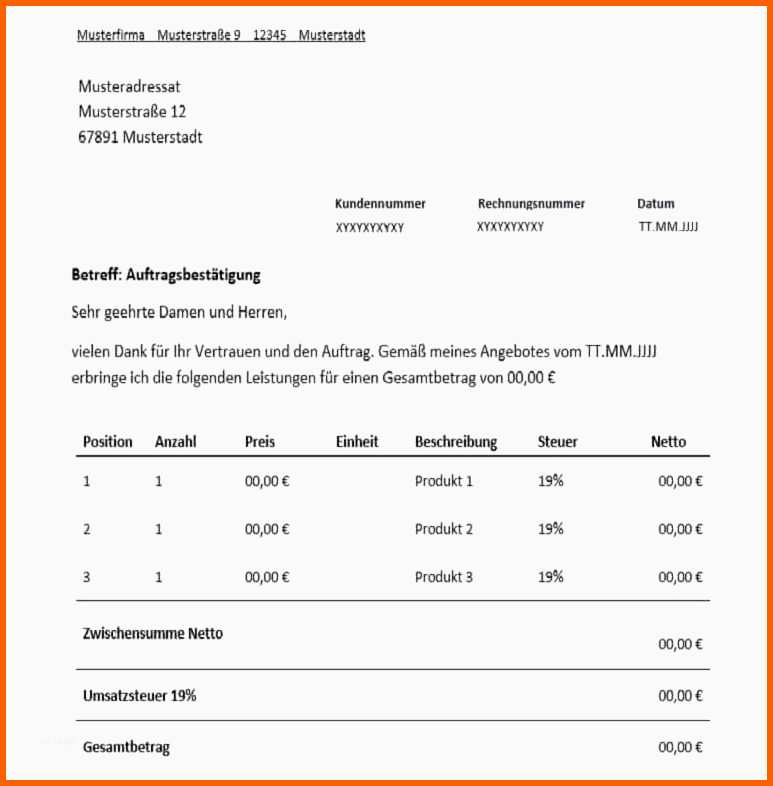 Modisch Auftragsbestätigung Vorlage Pdf Beispiel