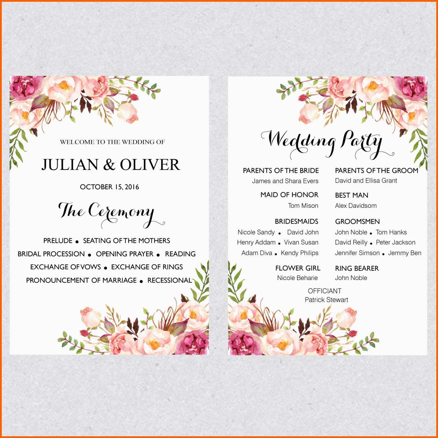 Modisch Druckbare Boho Programm Vorlage Hochzeitskarte Blumen