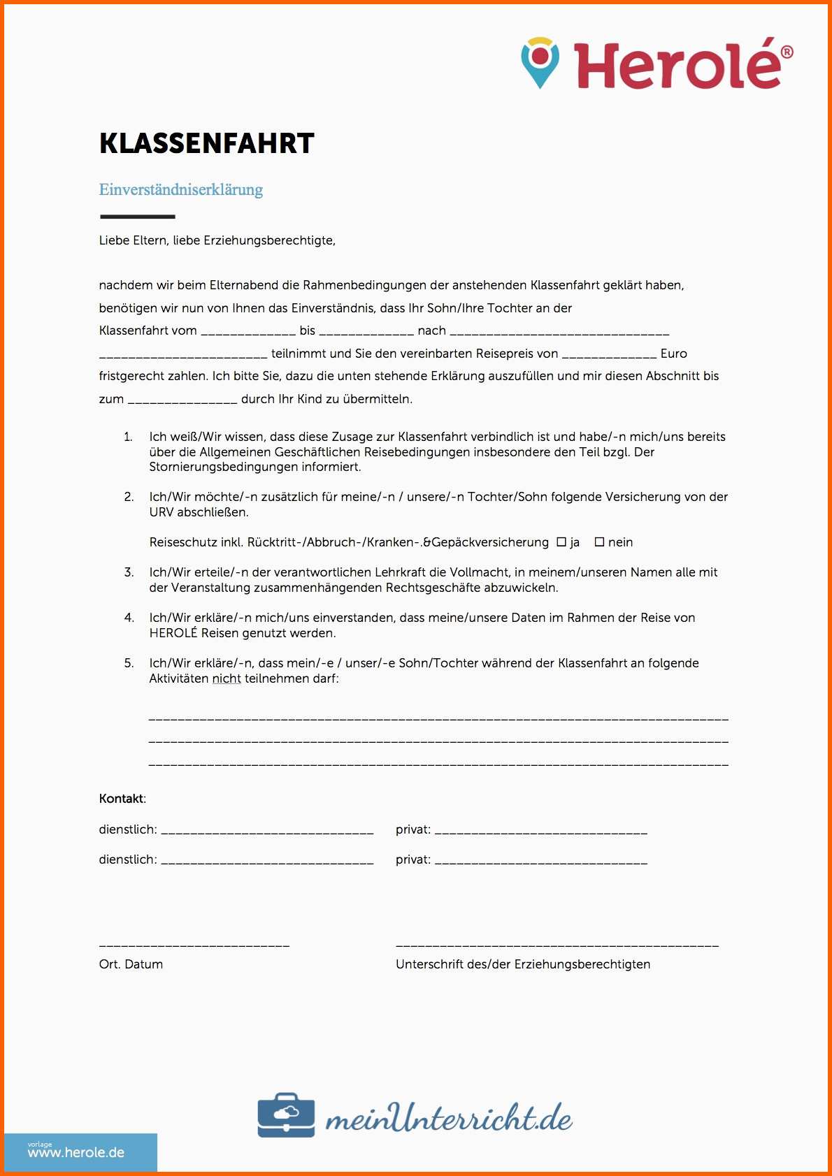 Modisch Einverständniserklärung Urlaub Unter 18 Vorlage