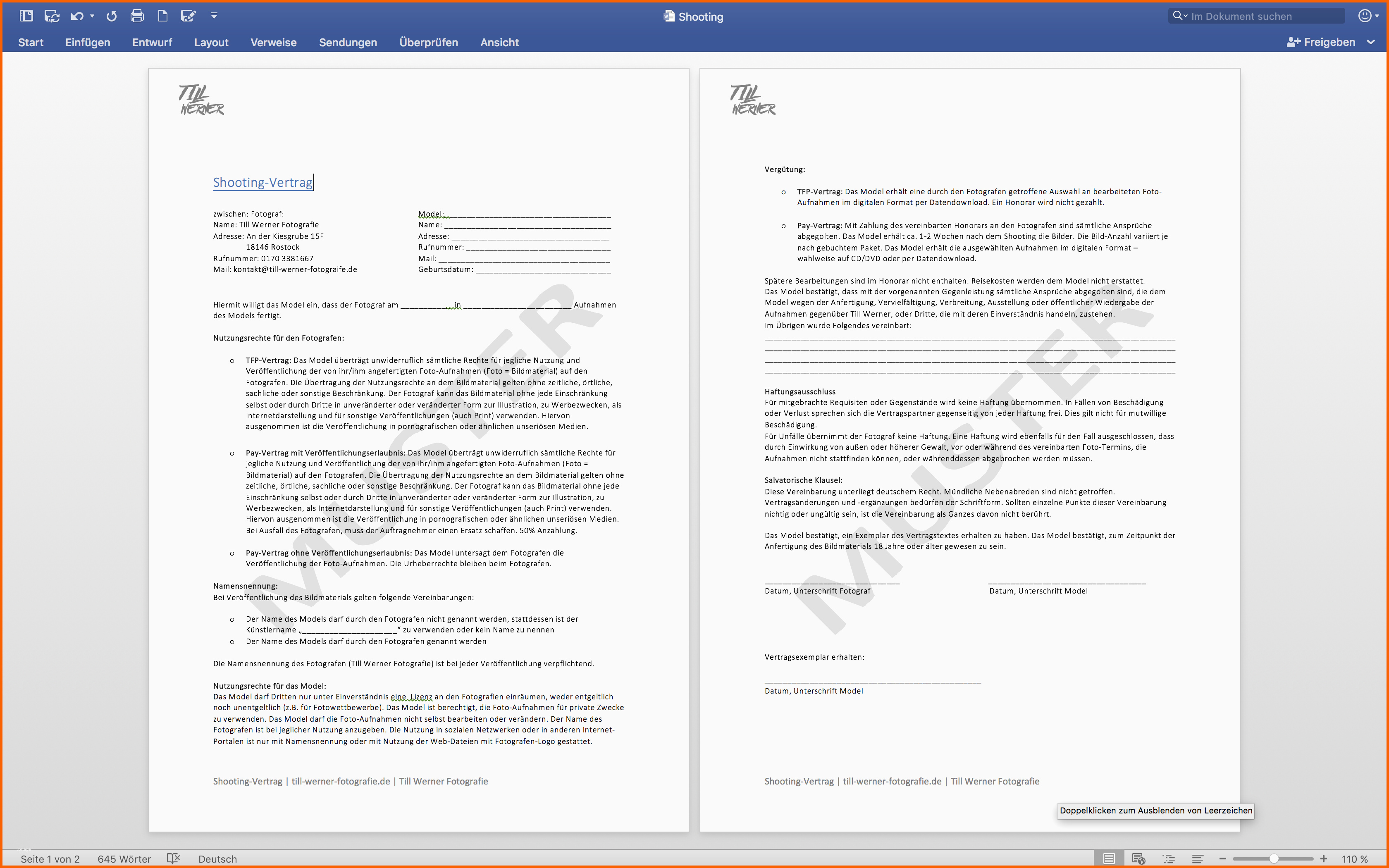 fotoshooting tfp vertrag als vorlage