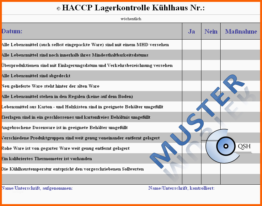 Modisch Haccp Checklisten Für Küchen Haccp Excel formular