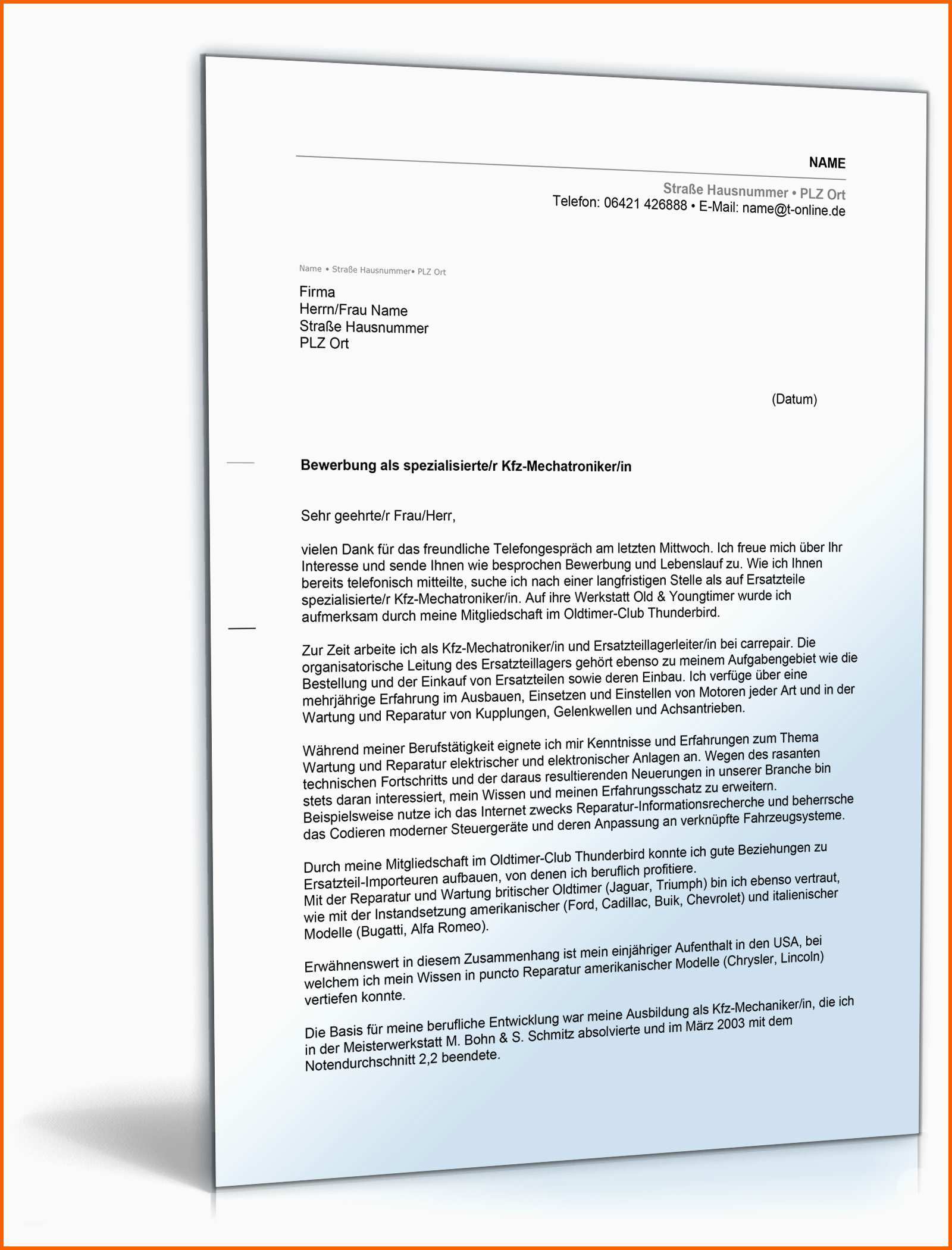 Neue Version Anschreiben Bewerbung Kfz Mechaniker Kfz Mechatroniker