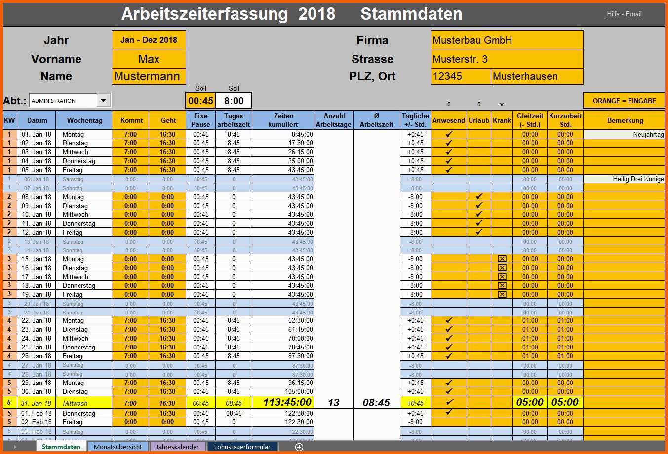 Neue Version Arbeitszeiterfassung 2018 Fixe Pause